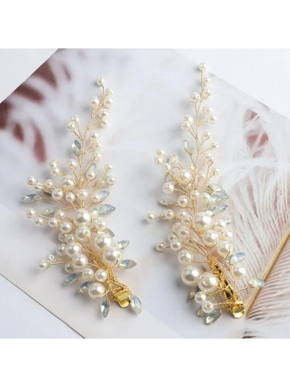 Elegant Pearl & Rhinestone Alligator Hair Clips for Weddings, Set of 2, Gold